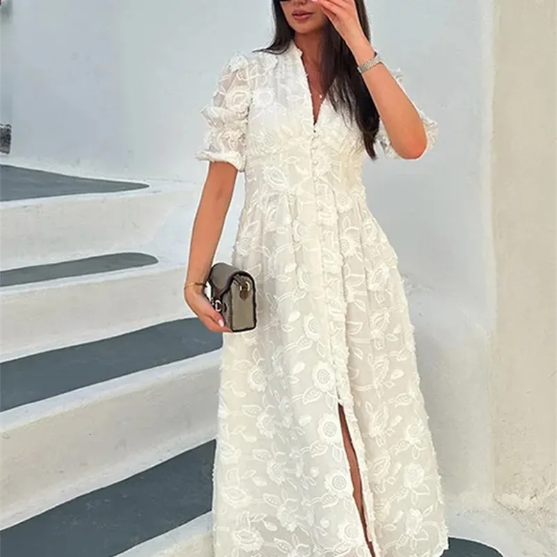 Elegant Lace Hollow Out V-Neck Midi Dress with Embroidery for Women - Perfect for Summer Parties and Single Breasted Split Lady Robe Boho Chic