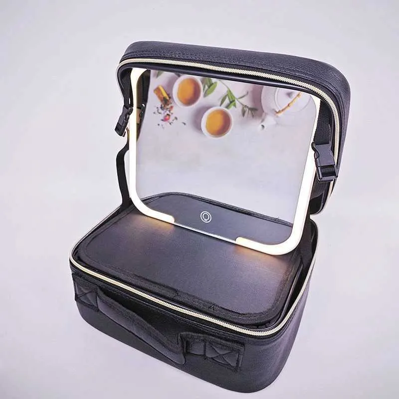 Trousse Maquillage Miroir LED Lumineux, Trousse De Toilette En Cuir Etanche Avec 957739
