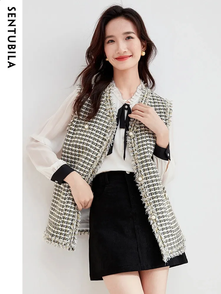 Houndstooth Sleeveless Tweed Vest for Women - Autumn Tank
