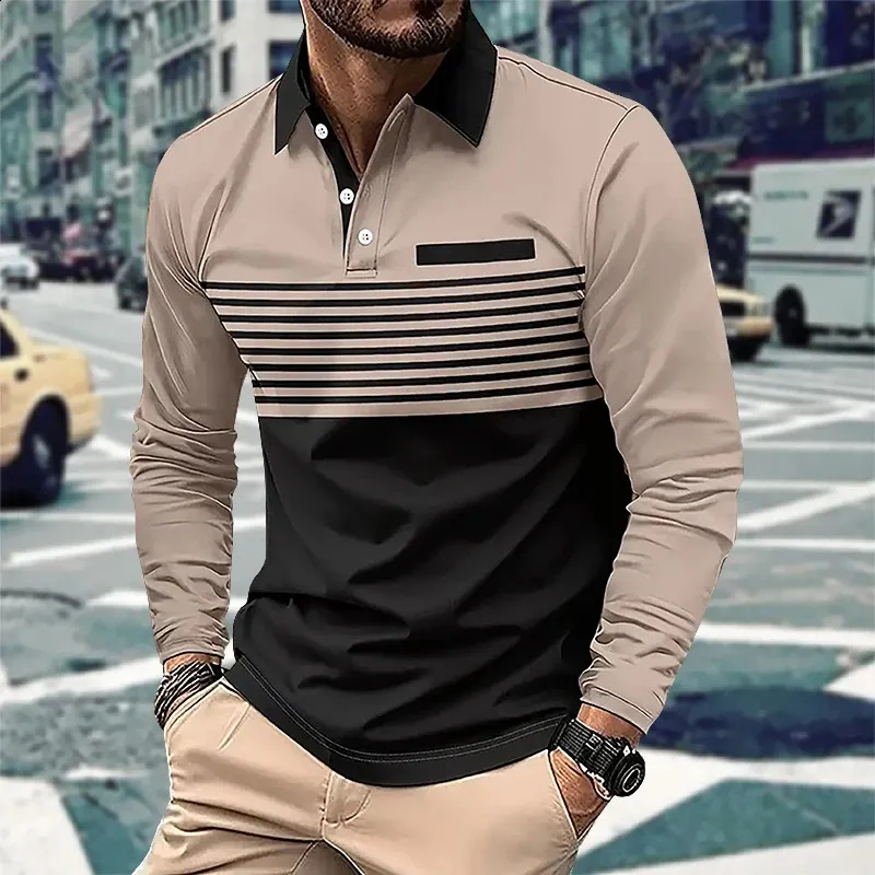Business Casual Men Polo Long Sleeve Top Stylish Striped Design