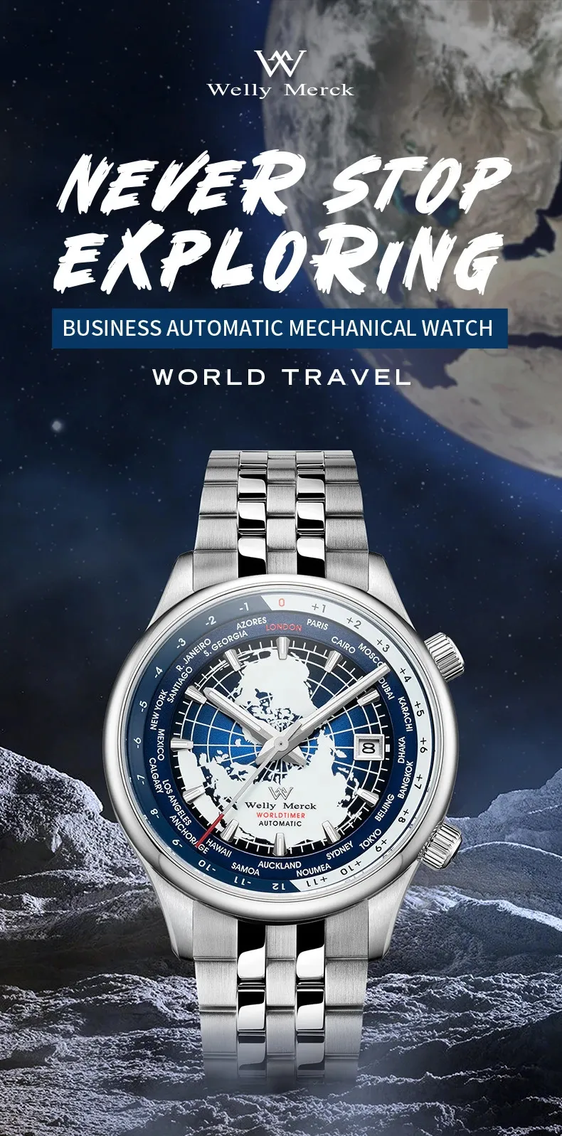 Men's Automatic Sapphire Crystal Mechanical Watch with World Time ...