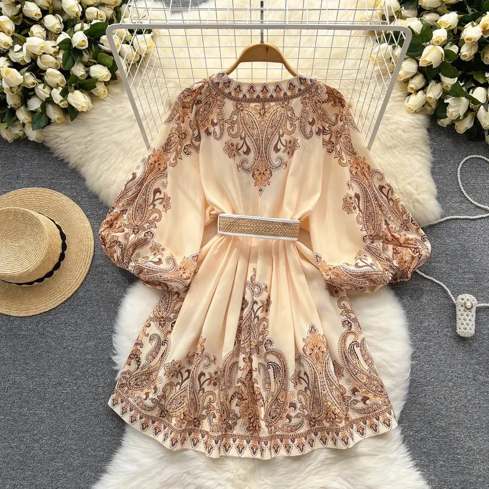 Vintage Print Floor-Length Chiffon Dress with V-neck and Lantern Short  Sleeves for Women Autumn Spring from Dhgate Basic & Casual Dresses - price  79.8