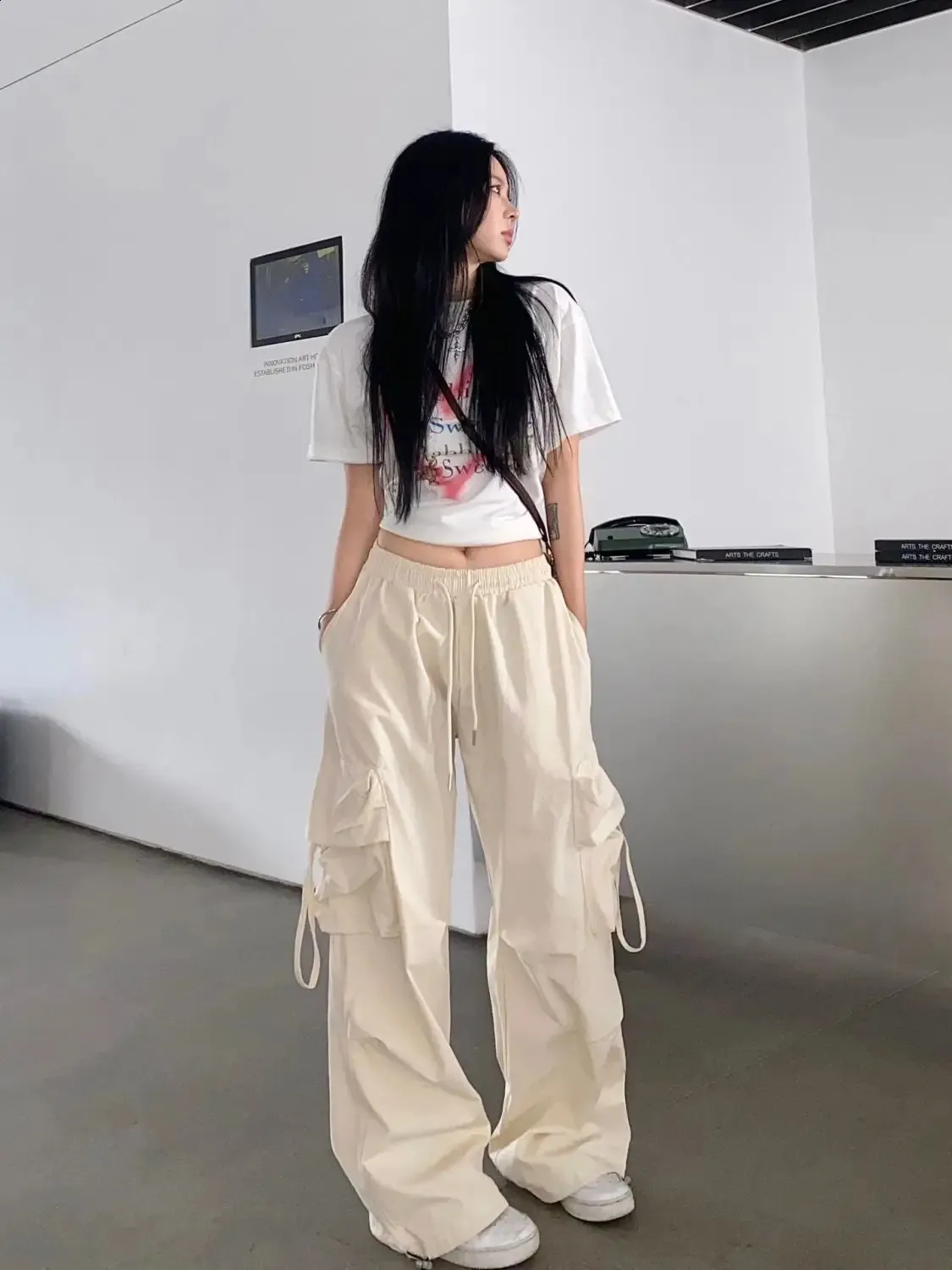 DHgate.com:Beige Cargo Pants - Korean Fashion Wide Leg
