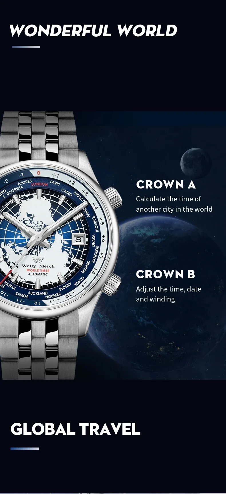 Men's Automatic Sapphire Crystal Mechanical Watch with World Time ...