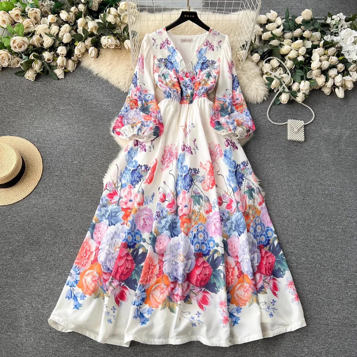 Flower Linen Maxi Dress with Lantern Sleeves and Elastic Waistband - Elegant V-Neck Prom Robe for Spring Holiday Party - Vestidos 6246 240819 Spring Floral Linen Maxi Dress For Women Elegant V Neck, Elastic Waist,  Long Lantern Sleeves, Perfect For Prom Or Party From Mysticastore, $36.84  In Bulk | DHgate.Com