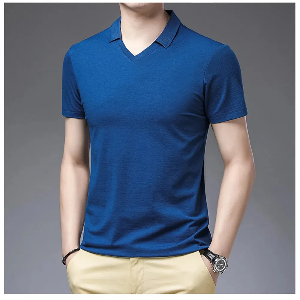Polo Shirt Men Summer Short Sleeve V Neck Ice Silk Solid Color T Shirt Casual Golf Tee Shirt Male Top with Collar Navy Blue 24082024