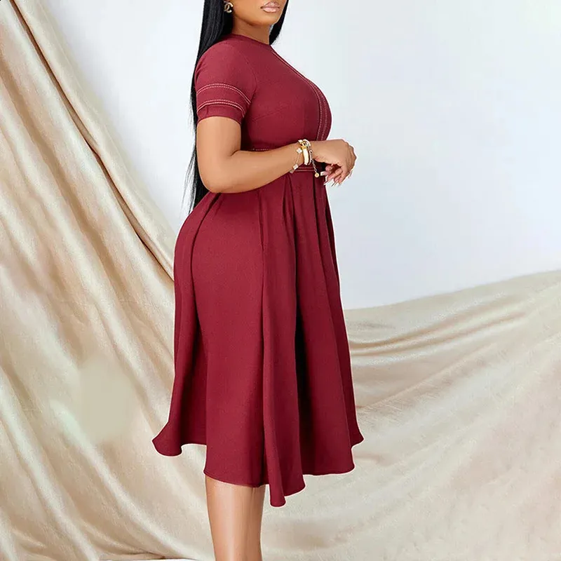 open lace back dress Plus Size Midi Dress 3/4 Sleeve Crew Neck - Wine Red