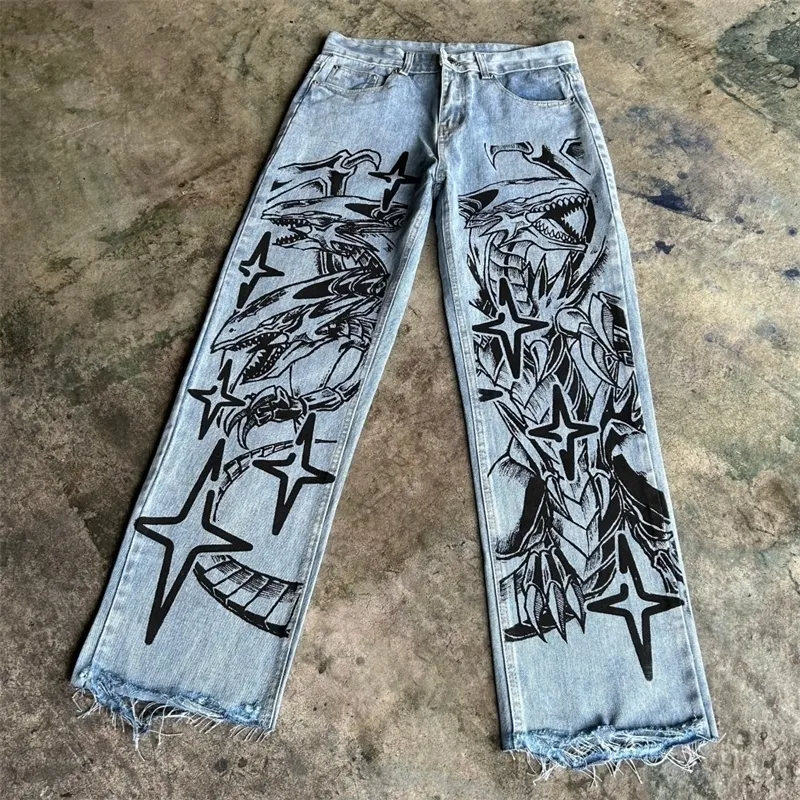 Harajuku Y2K Baggy baggy jeans with Blue Eyes and White Harajuku Y2K Baggy baggy jeans with Blue Eyes and White