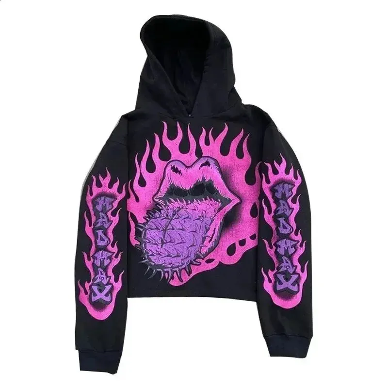 Y2K Retro Flame Skull Printed Hooded Sweatshirt: Gothic