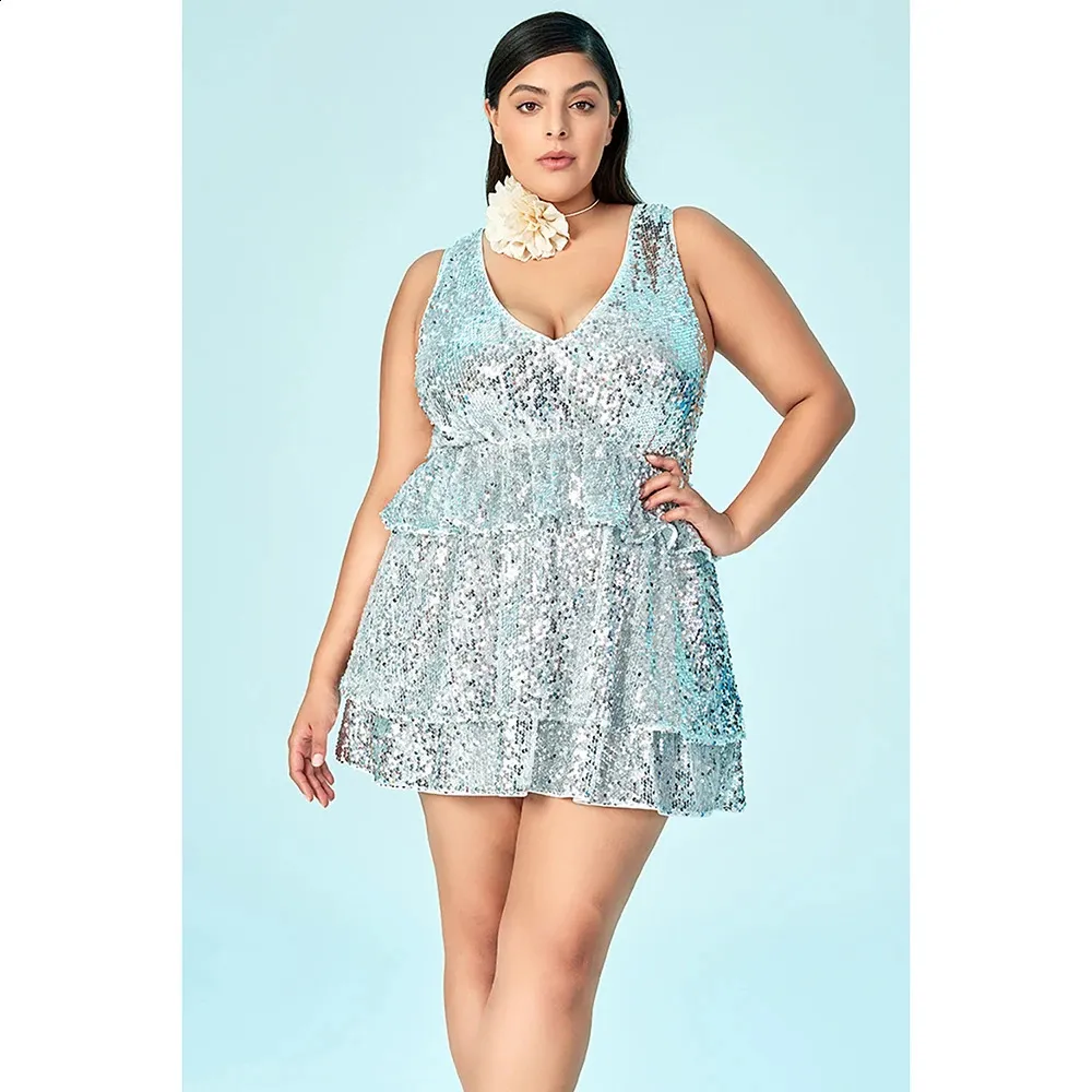 Silver Sequin V-Neck Mini Dress for Plus Size Homecoming Party and Clubwear with Loose Ruffle Detail Silver Sequin V-Neck Mini Dress for Plus Size Homecoming Party and Clubwear with Loose Ruffle Detail