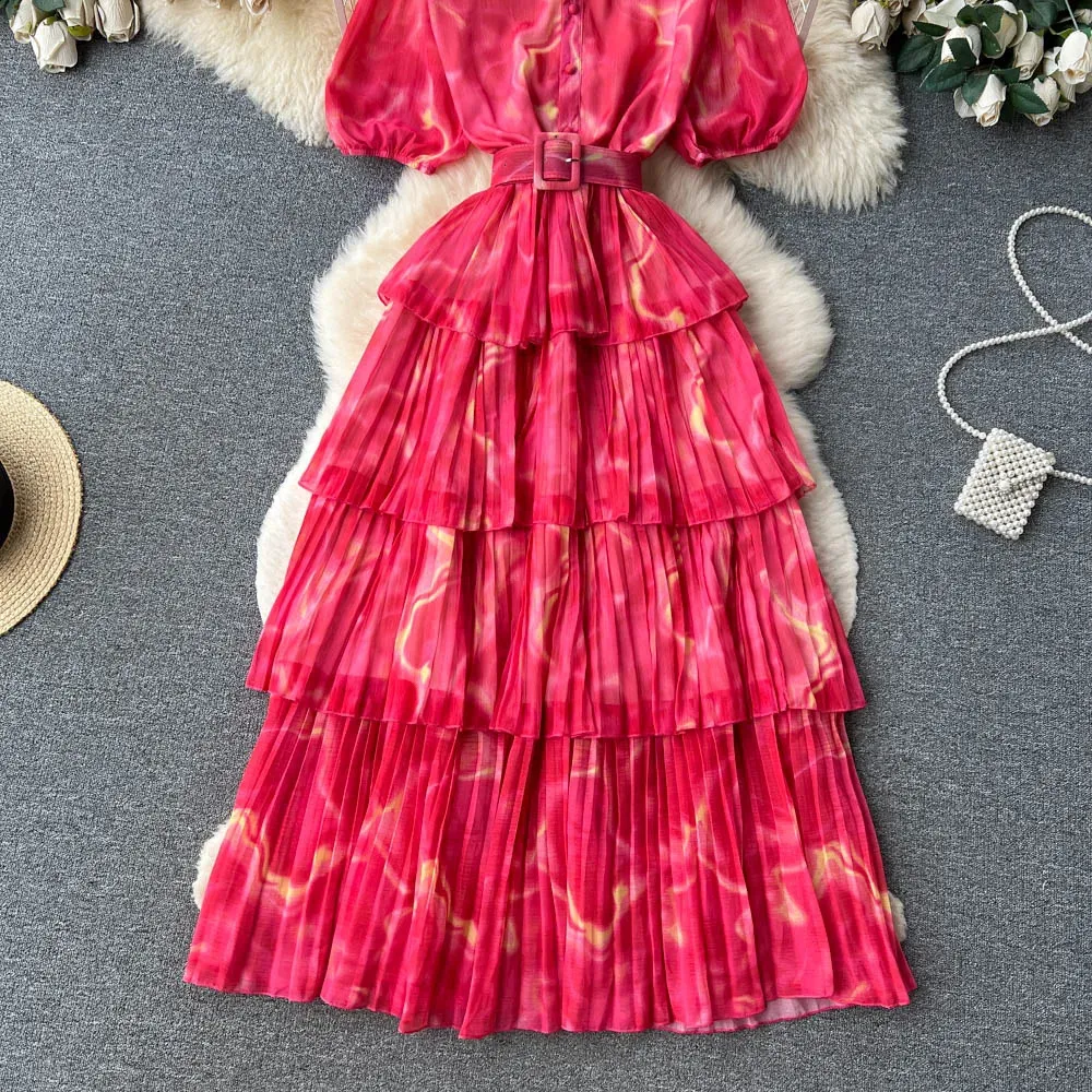 Vintage Floral Pleated Maxi Dress - High Waist, Puff Sleeve