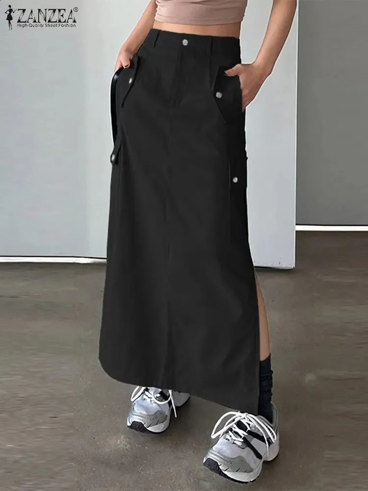 Women's Casual High Waist Cargo Maxi Skirt - Loose Fit, Side Slit, Autumn Style, Solid Colors Women's Casual High Waist Cargo Maxi Skirt - Loose Fit, Side Slit, Autumn Style, Solid Colors