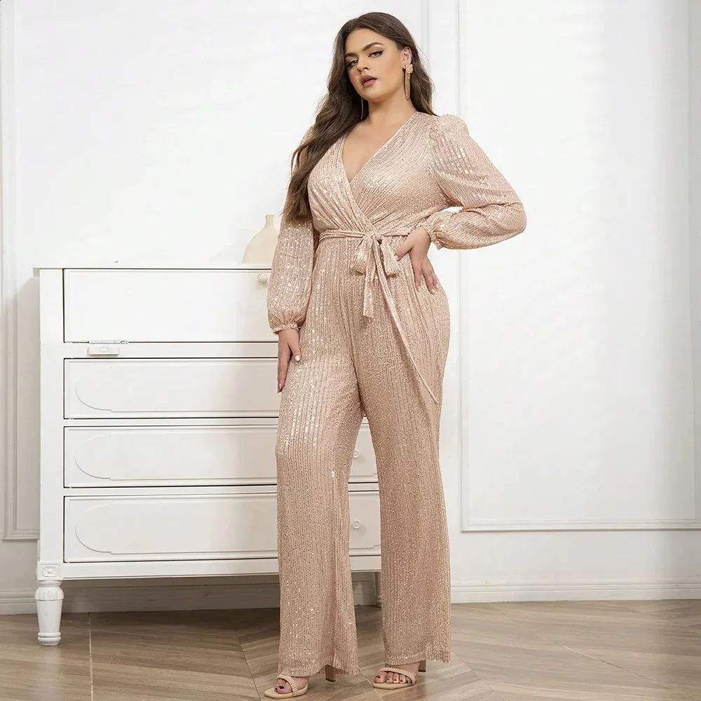 Plus Size Sequin Jumpsuit: Fall Fashion, Sexy V-Neck Party