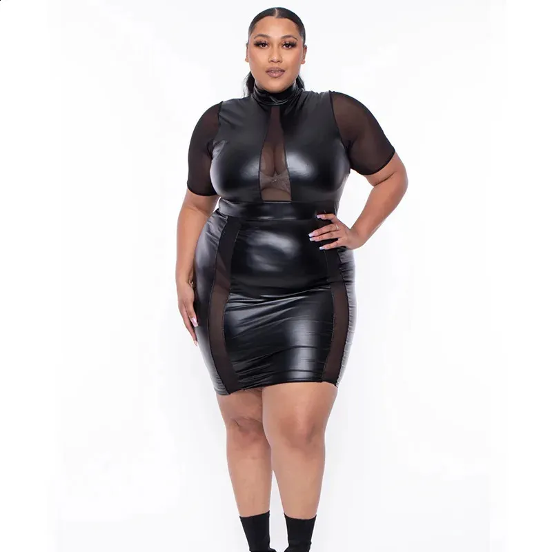 Elegant Sheer Leather Mini Dress for Women - Plus Size Patchwork Outfit, Large Size One Piece Dress (240819)