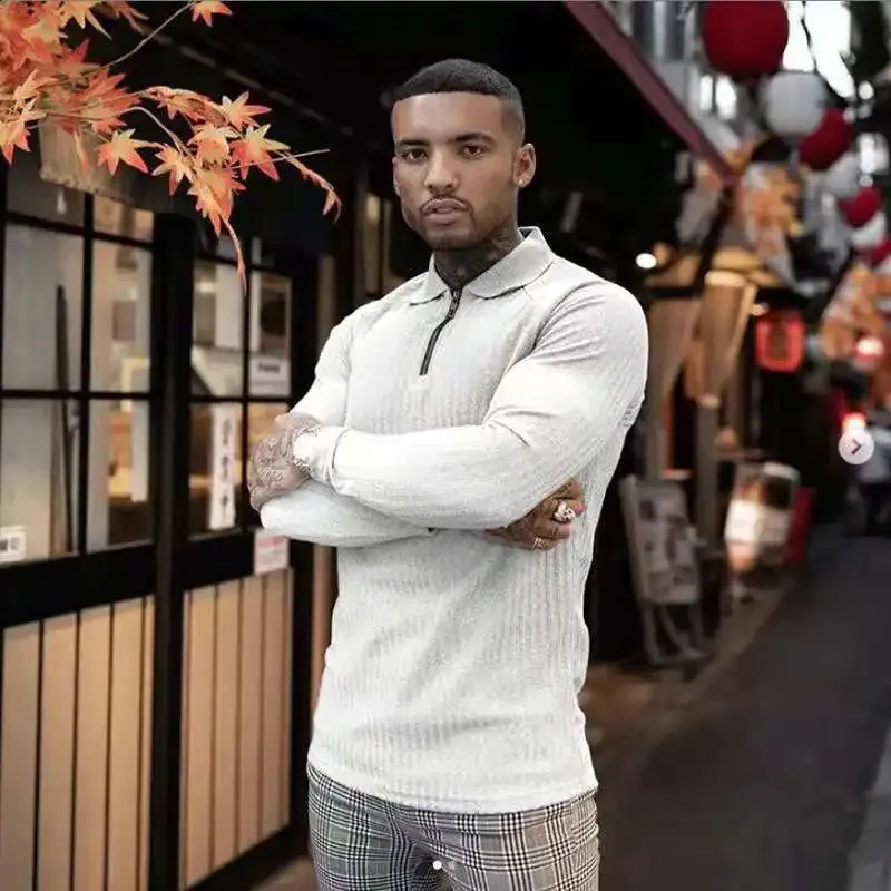 Polo Shirt With Zipper: Mens Long Sleeve Ribbed Pullover Top