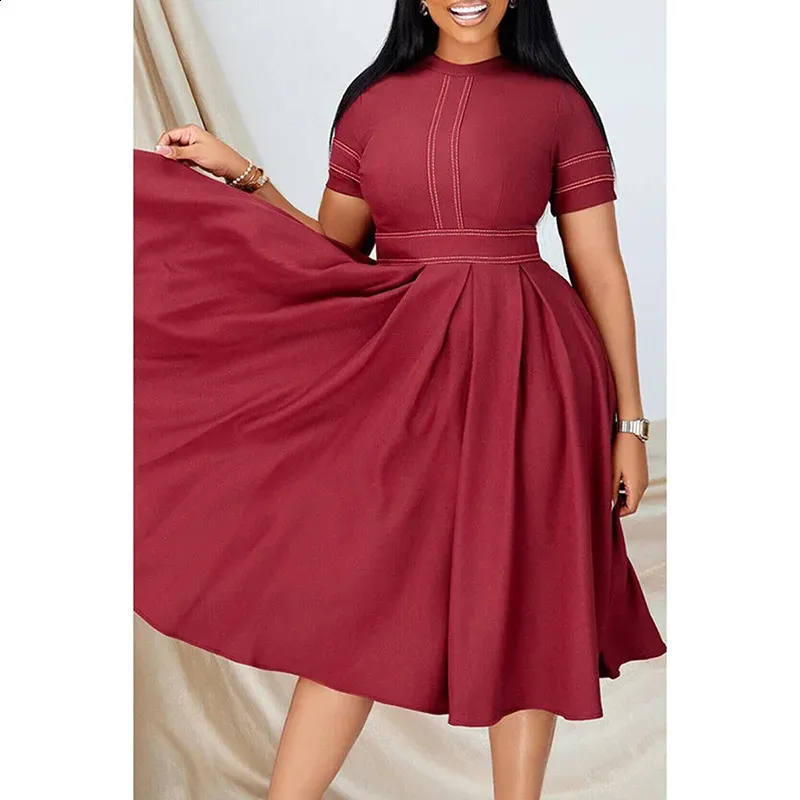 Wine Red High Waist Pleated A-Line Midi Dress with Large Skirt and Hemline - Plus Size