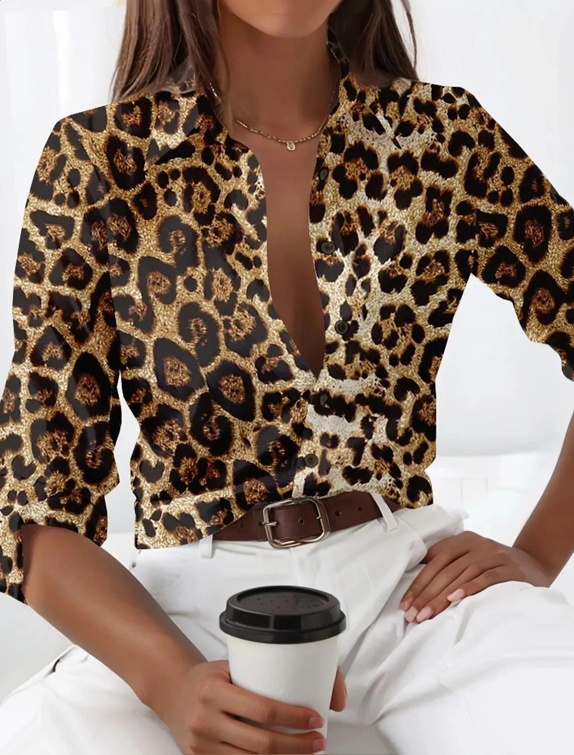 Trendy Leopard Print Button Down Shirt Oversized Collar, Spring