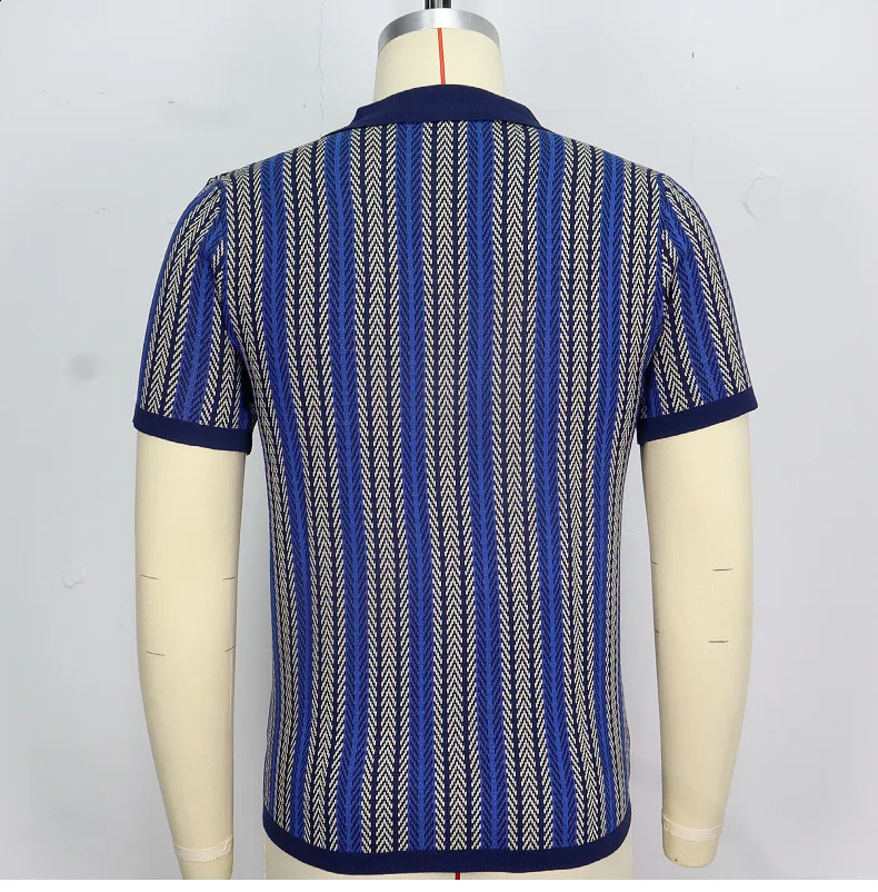 トップス 70's Summer Knit Polo Shirt Men's 70s Mod Knit Polo – Light Blue Zip-Up Summer Shirt
