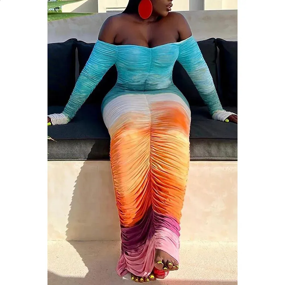 Multicolor Slim Fit Tie Dye Ombre Maxi Dress with Ruched Detailing and Long Sleeves for Plus Size Party and Club Wear