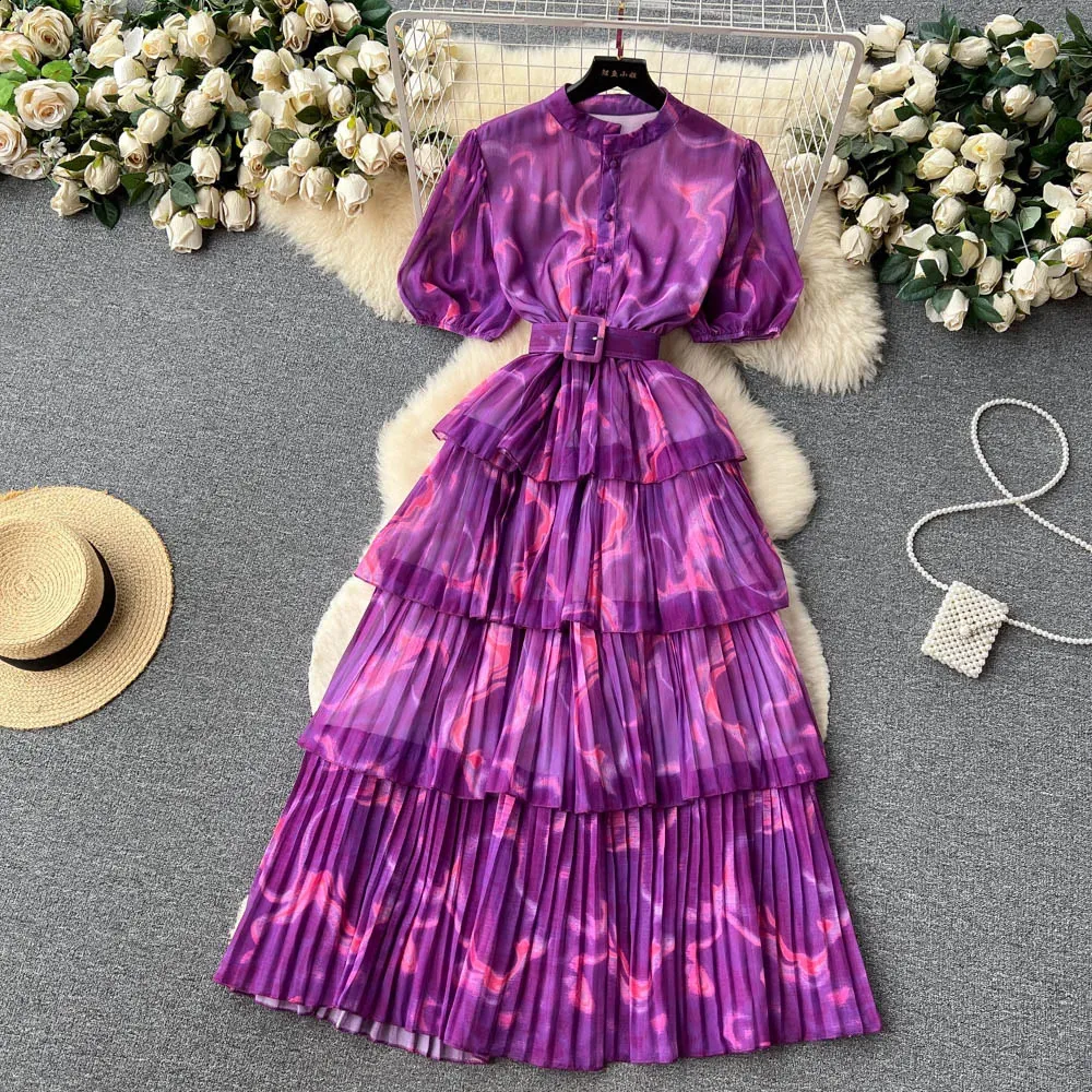 Vintage Floral Pleated Maxi Dress - High Waist, Puff Sleeve