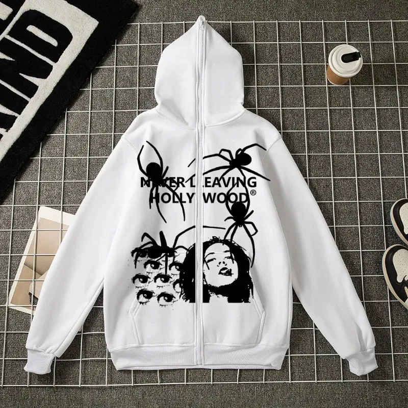 Oversized Spider Print Zip Up Hoodie - Y2K Vintage Style