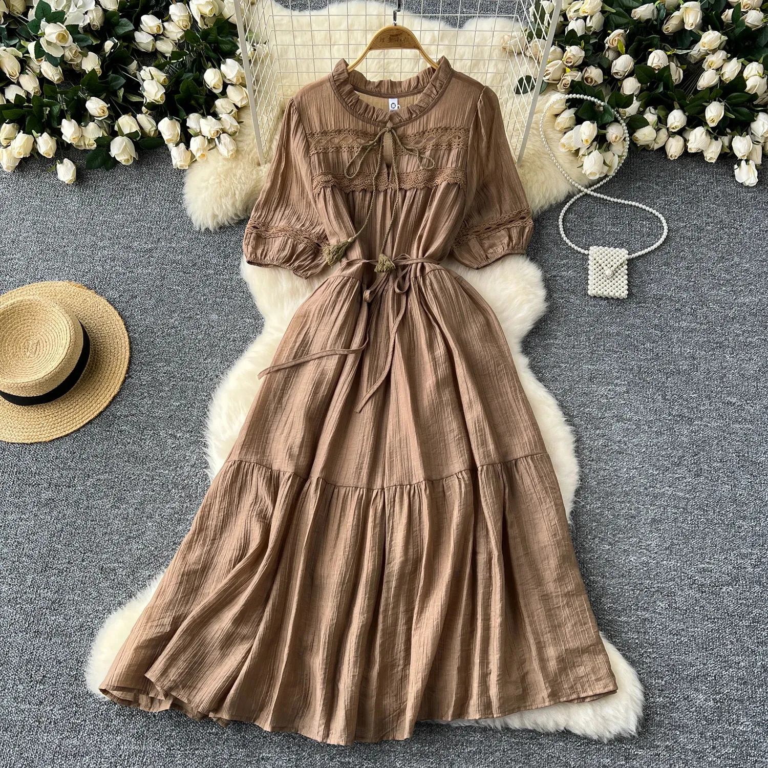 Vintage French Party white dress with Lace-up and Neckline 