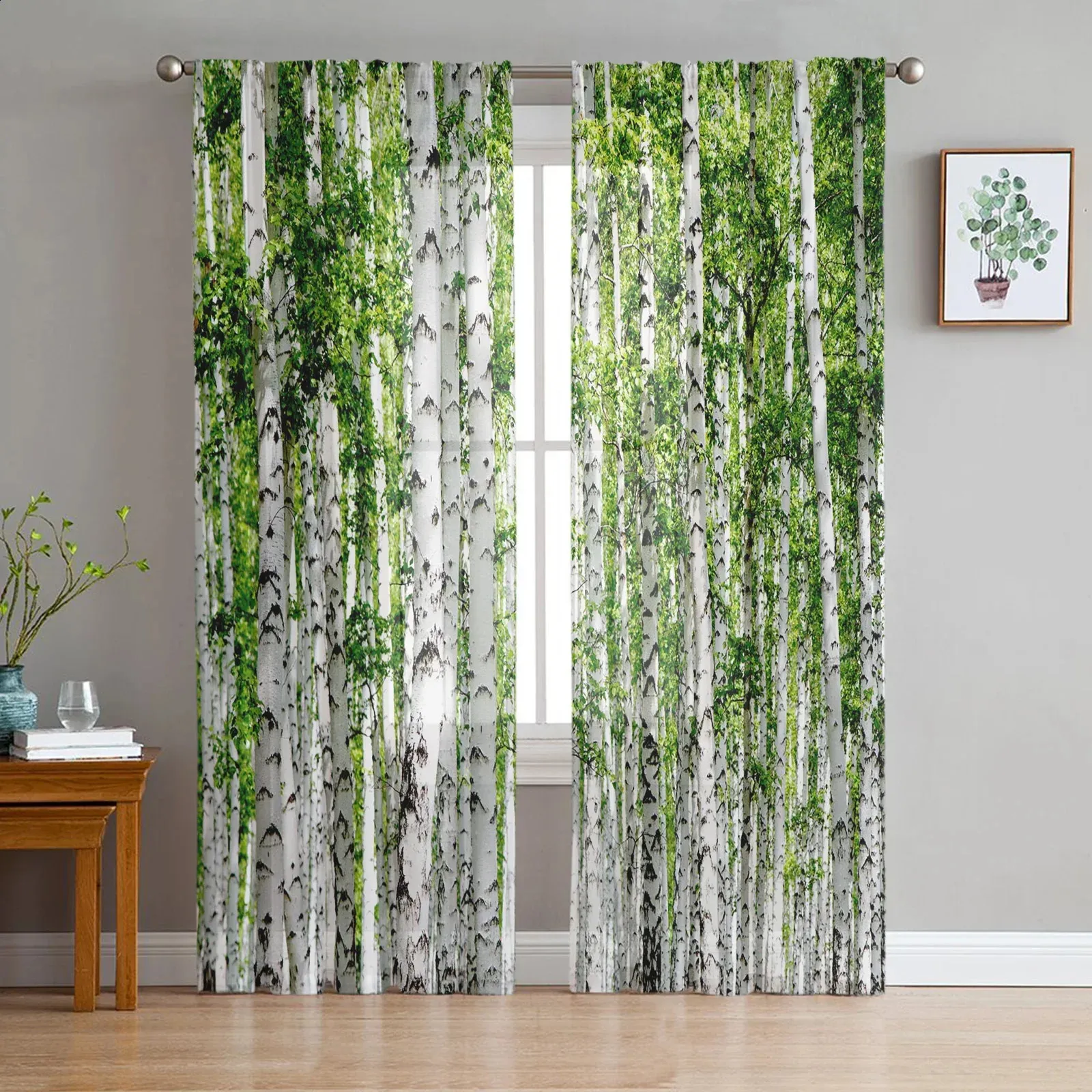Green Forest Birch Tree Sheer Curtains - Living Room, Bedroom Window ...