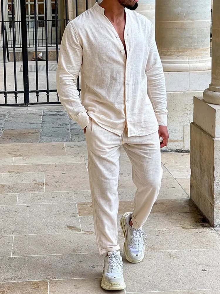 Save Big on Bulk Men's Long Sleeved Linen Shirt 2024 Autumn Casual Mens Two  Piece Long Sleeved Button Up Shirt Top And Pants Set Mens Casual