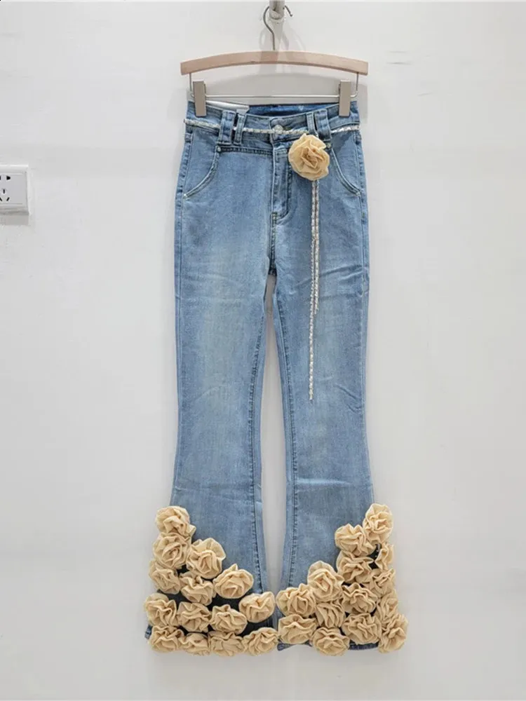 Floral Denim Pants: 3D Flowers, Diamond Chain - Shop Now