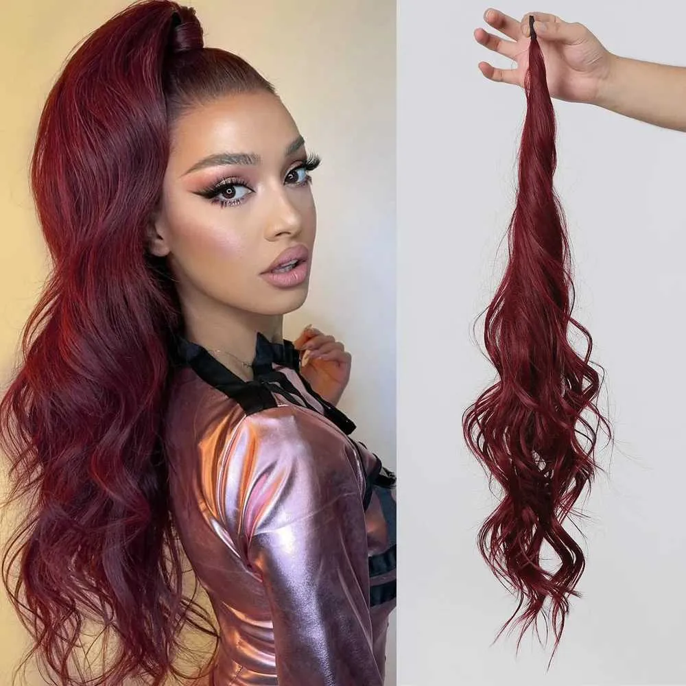 Wig Red Extended Ponytail Long Wavy Wine Red Ponytail Synthetic