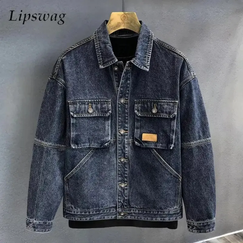 Vintage Denim Cargo Jackets Men Autumn Fashionable Patchwork