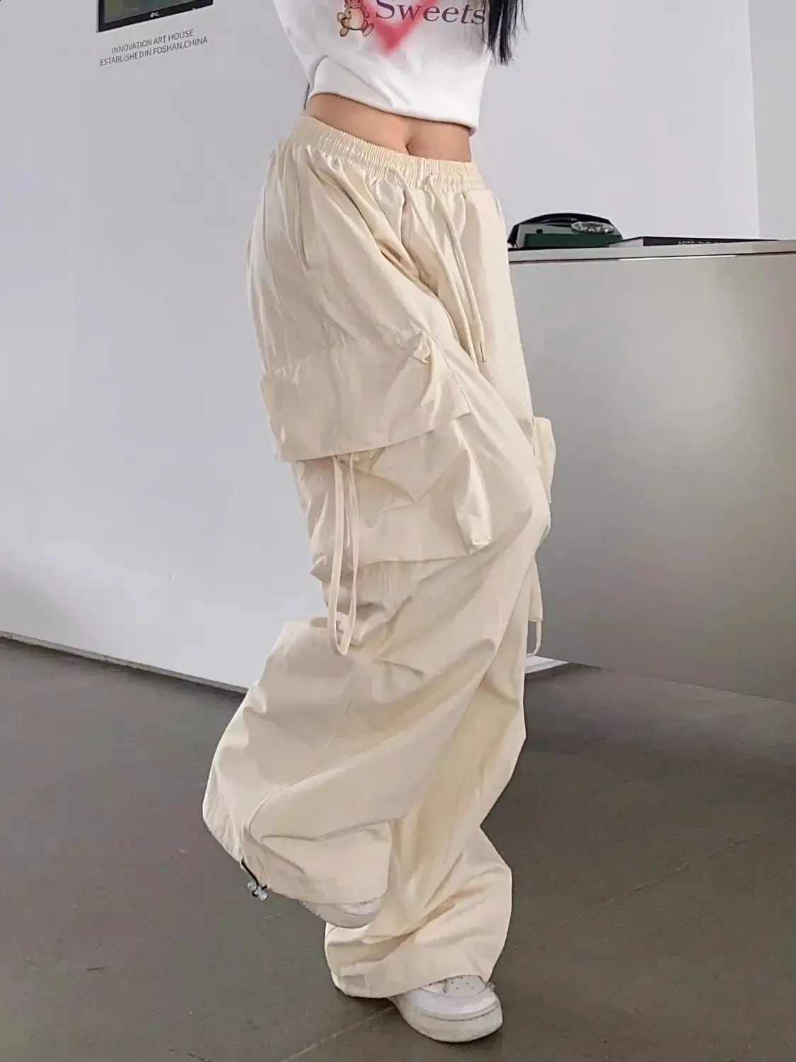 Beige Cargo Pants - Korean Fashion Wide Leg Trousers - Y2K