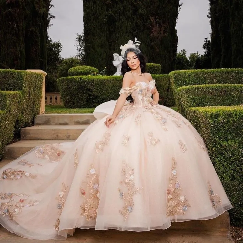 off the shoulder champagne quince dress Off The Shoulder Champagne Prom Dresses - Long & Short Prom Gowns