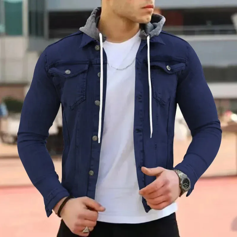 Mens Denim Jacket with Hood Casual Slim Fit Long Sleeve