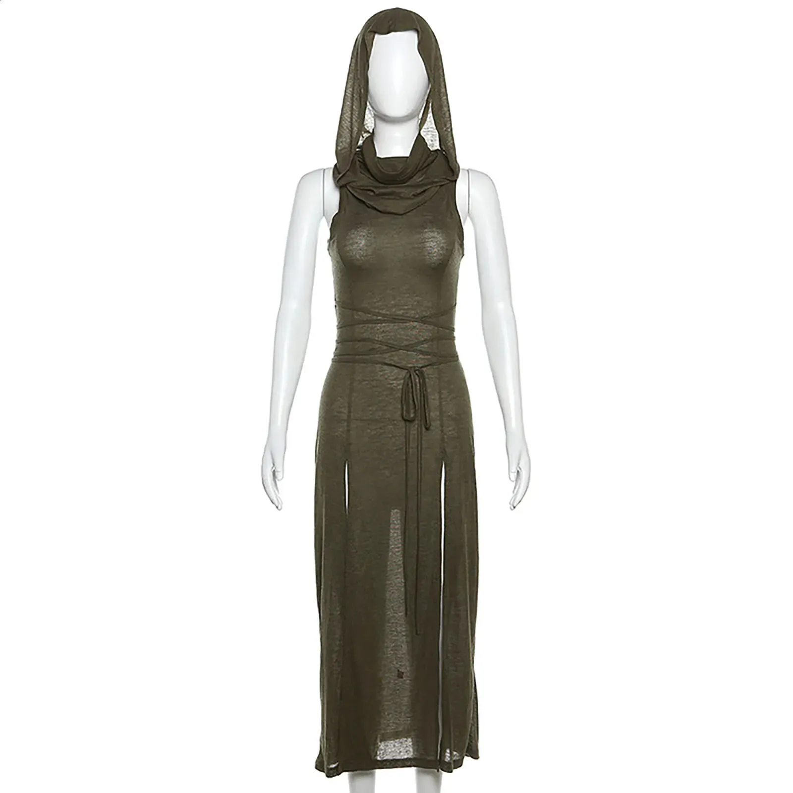 Sultry Bodycon Hooded Dress: Lace-Up Waist, High Slit, Y2K