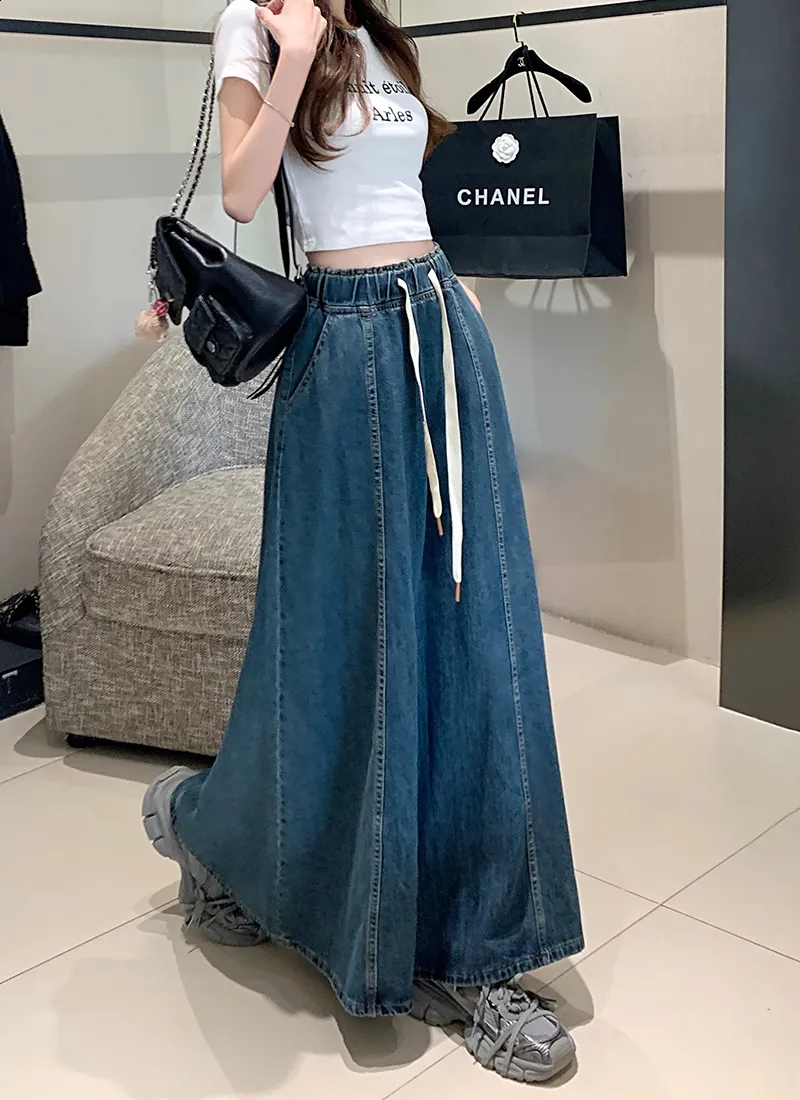 Korean Skirt: A Line Denim Skirt Knee Length, High Waist