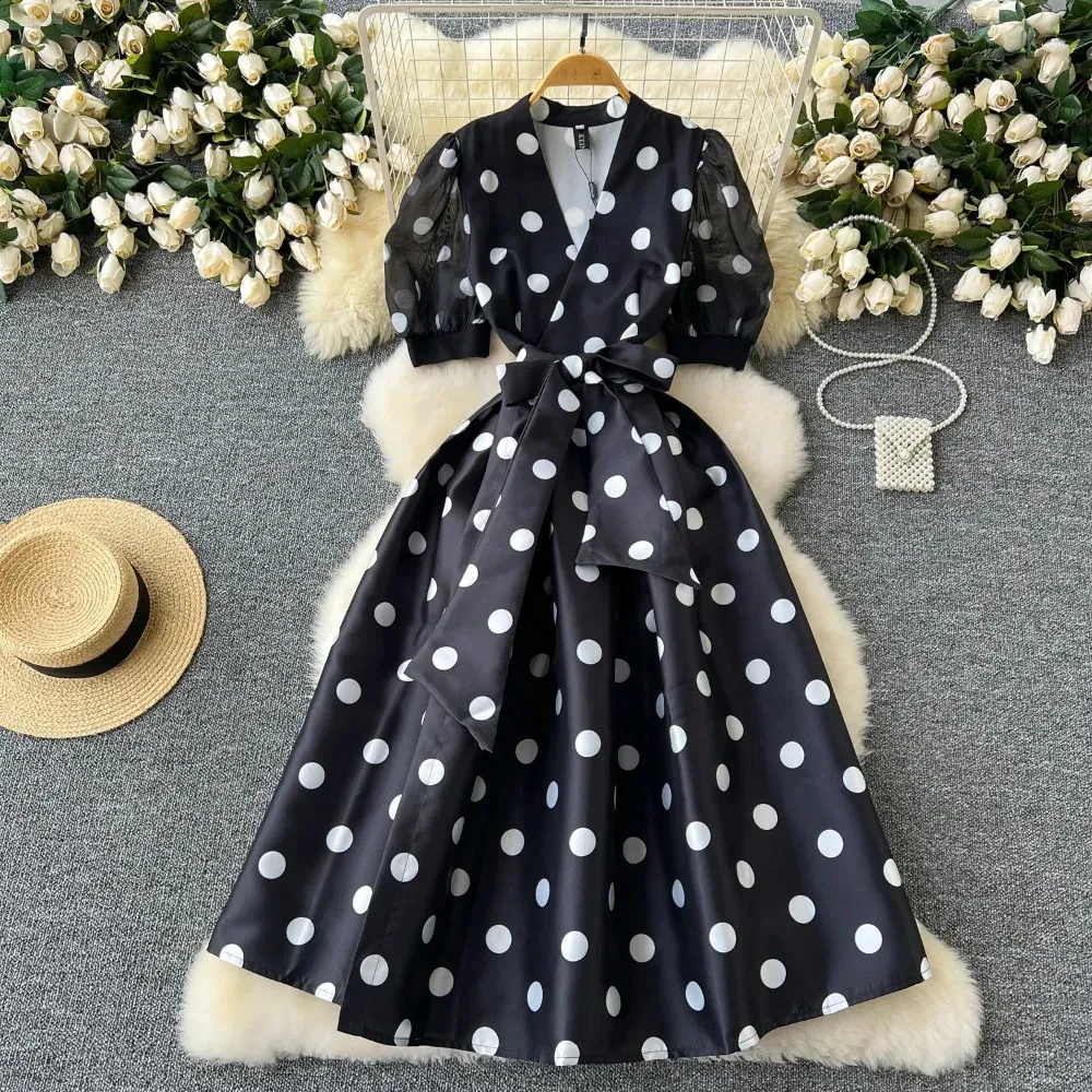 Vintage Elegant Pleated Bandage Dot Dress - Short Sleeve A-Line Fashion for Spring/Summer Beach - Women's Vestidos (240819) Vintage Elegant Pleated Bandage Dot Dress - Short Sleeve A-Line Fashion for Spring/Summer Beach - Women's Vestidos (240819)