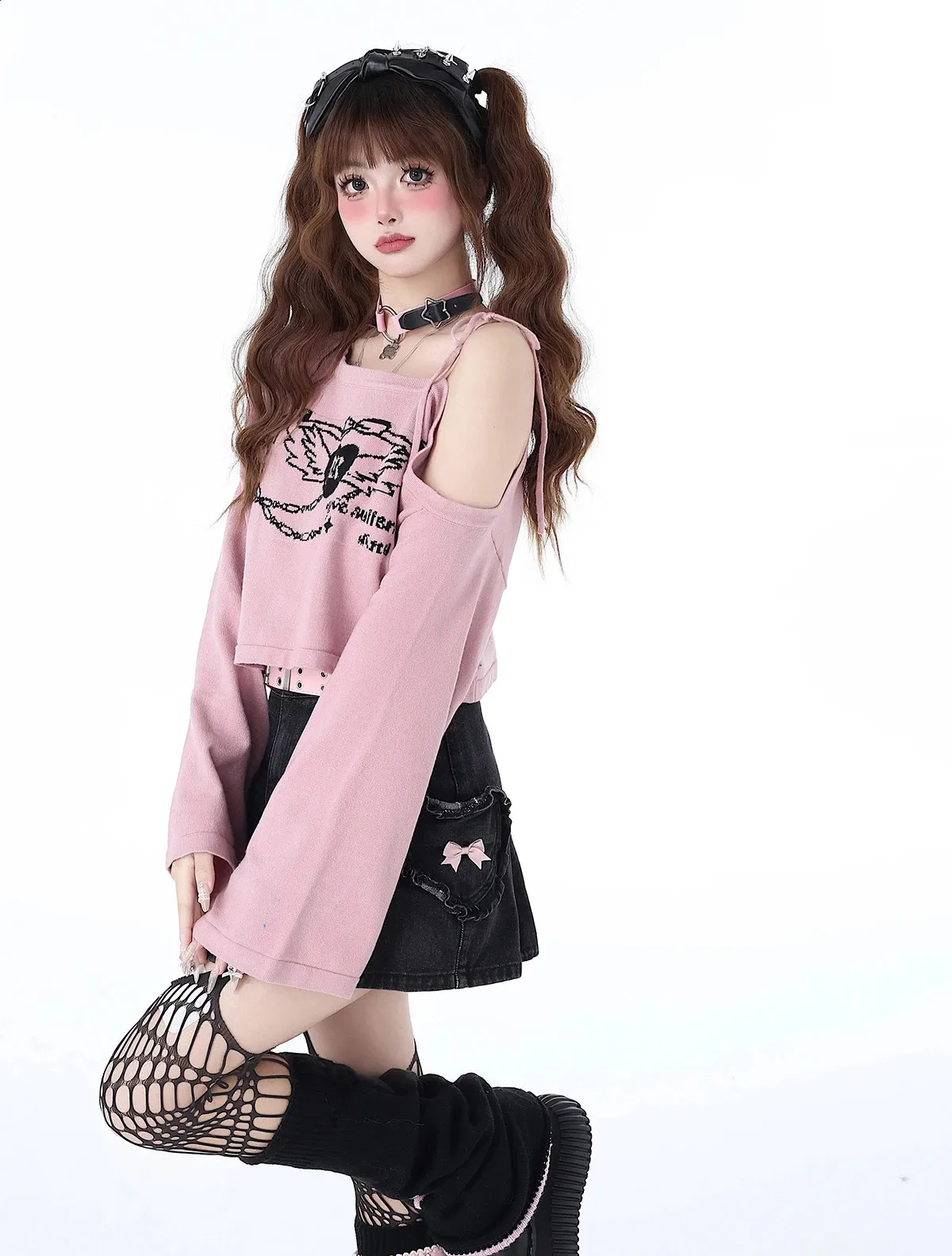 Y2K Off Shoulder Lace Up Sweater Slim Fit Knit Top | DHgate