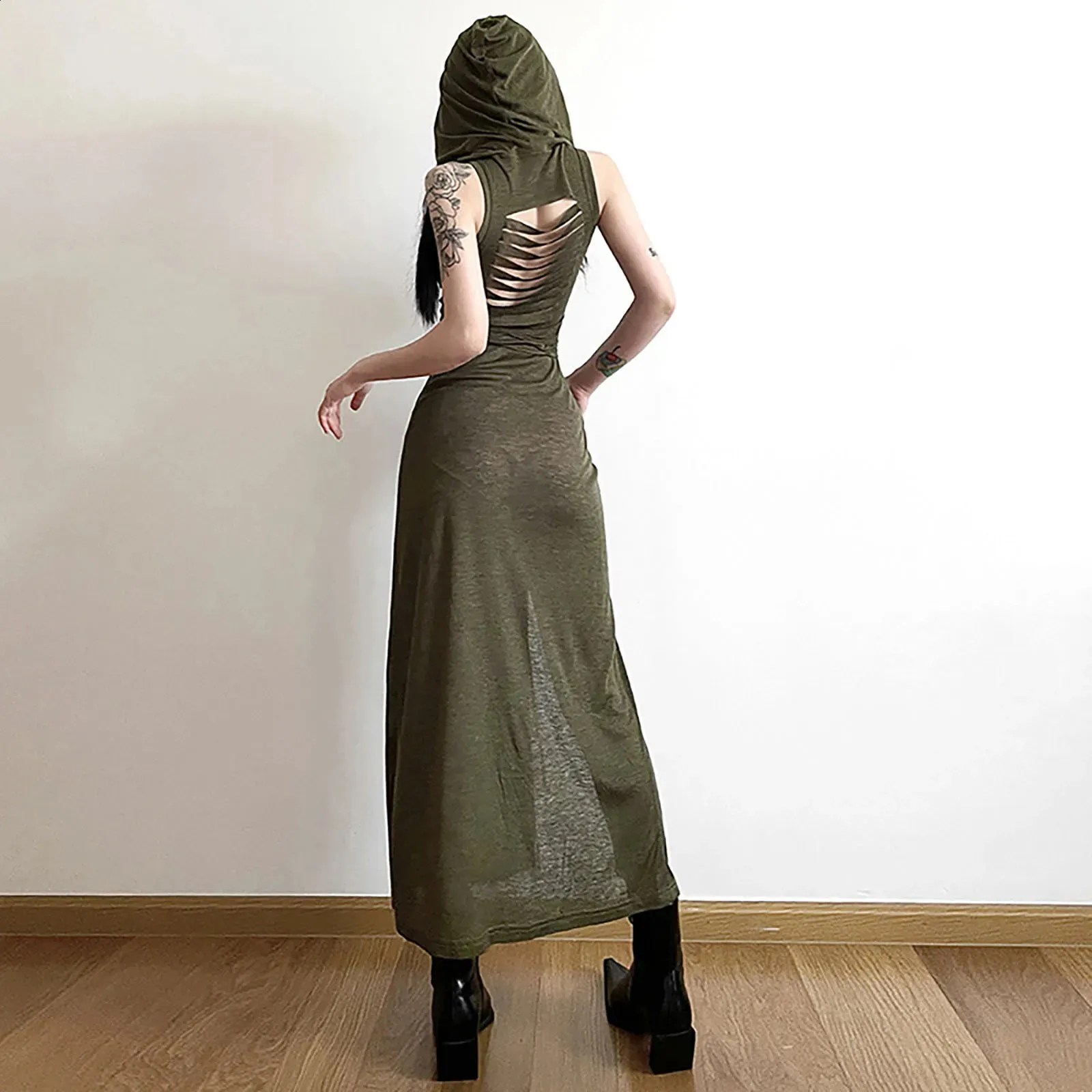 FLAREUP ■ Hooded High Neck Dress Sultry Bodycon Hooded Dress: Lace-Up Waist, High Slit, Y2K