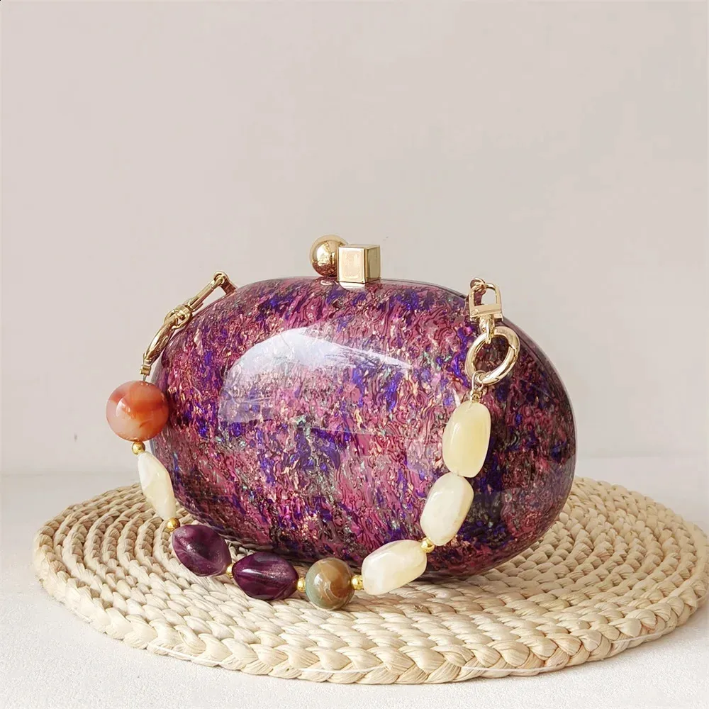 Purple Glitter Oval Clutch Purse Acrylic Evening Bag For Parties