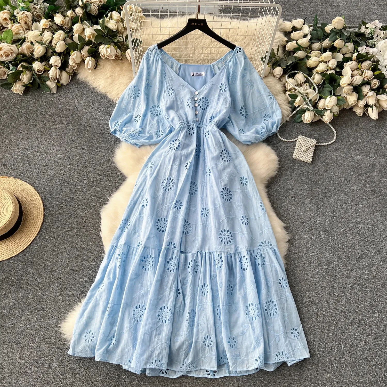 Elegant Embroidery Chiffon Dress: V-Neck, A-Line, Long