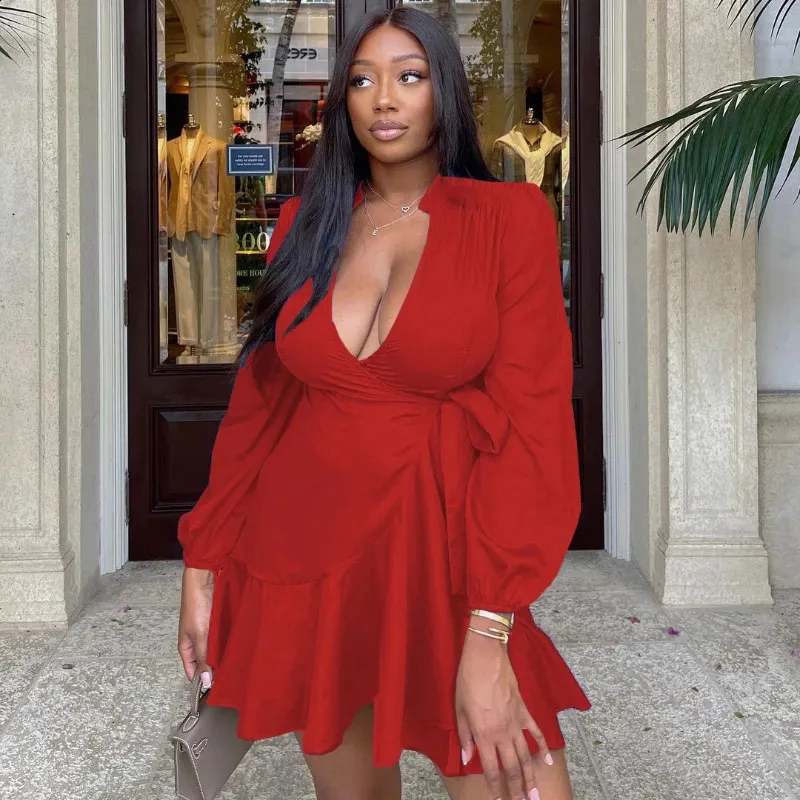 Save Big on Bulk Plus Size Party Wear For Women Women's Sexy V Neck Wrap  Dress Plus Size, Ruffled Hem, Tie Waist, Party Mini Dress, Clubbing, Short 