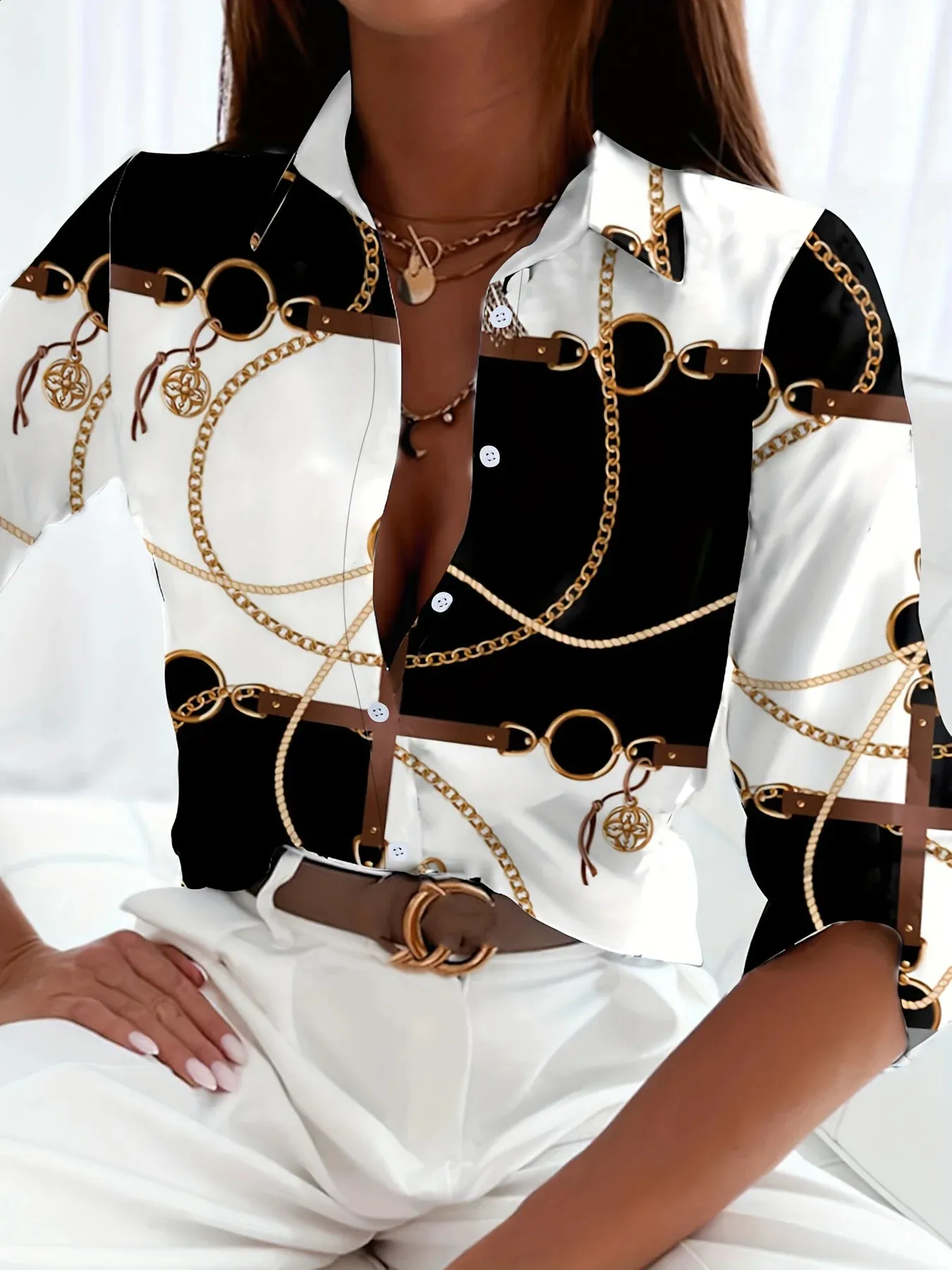 Elegant Chain Print Shirt: Spring/Summer Fashion Top, Office