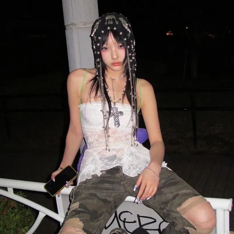 Karrram Japanese Y2K Lace Tank Tops Vintage 2000s From