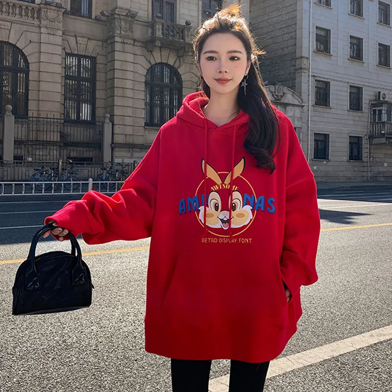 Spring Festival Red Velvet Lazy Loose 2024 Birth Year Hoodie for Women