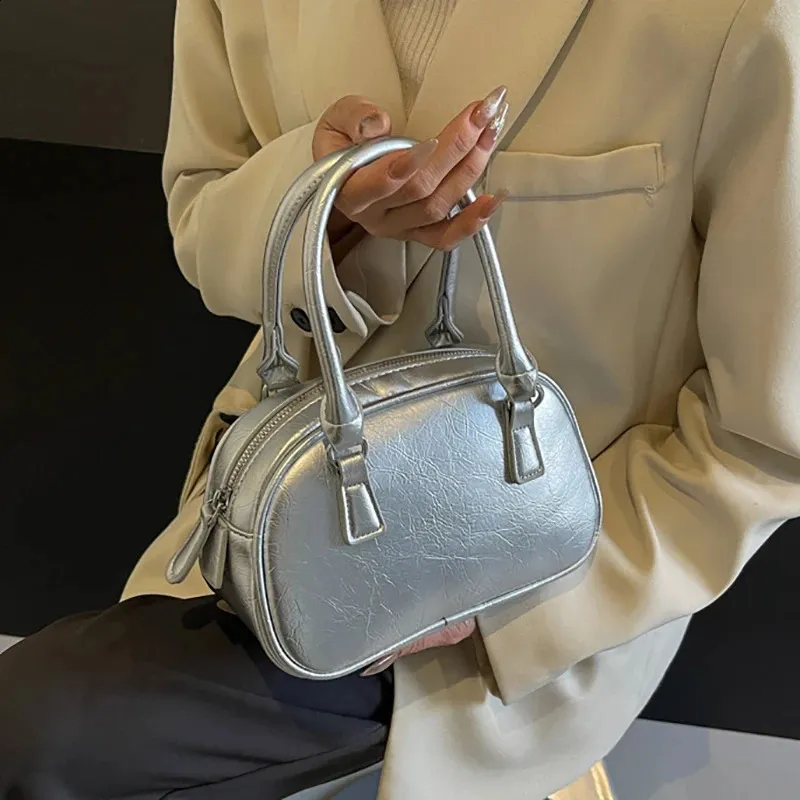 Mini PU Crossbody Bag for Men with Zipper Closure Silver Plain
