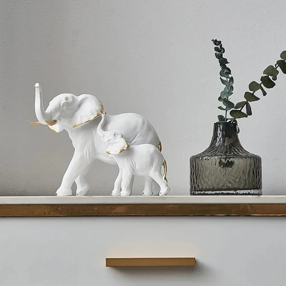 Statues éléphants En Céramique Beige – Lot De 2 (mère Et Bébé), Décoration Intérieur Salon/bureau (cadeau Femme/mère)