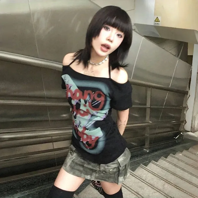 Karrram Japanese Y2K Graffiti Print Off Shoulder T Shirts Vintage