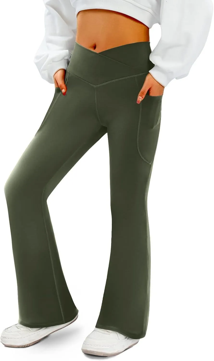 Pantalon De Yoga Femme Baggy Bootcut - Coupe Ajustée, Avec Poche Croisée, En Coton, Noir Et Bleu Clair, Style Décontracté - 2
