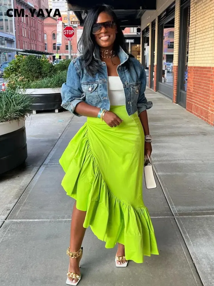 Womens Skirt Green Pencil Skirt With Ruffle Elegant High Waist